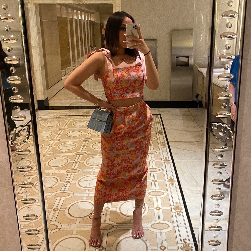 Lulus Ellarina Pink Multi Metallic Tie-Strap Two-Piece Midi Dress